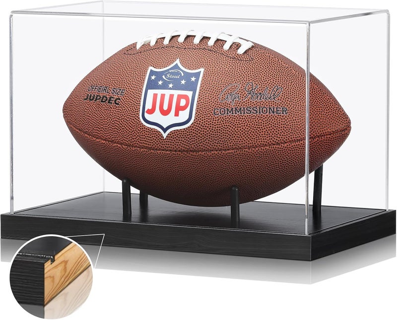 JupDec Football Display Case Full Size, Acrylic Clear Box with Wood Stand, UV Protected Memorabilia Holder, for Football Fans & Collectors, Sports Collectibles, No Assembly Required, Black - Image 1